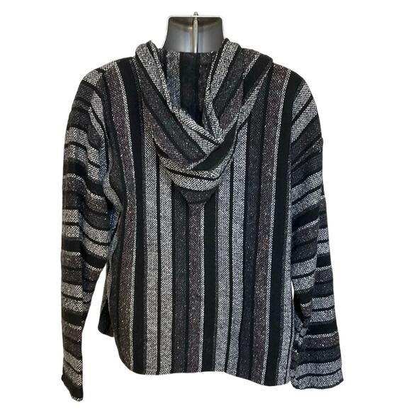 Earthbound Baja Hoodie Black Gray Stripe Woven Pullover Size L Boho Surf Hippie - Picture 4 of 8